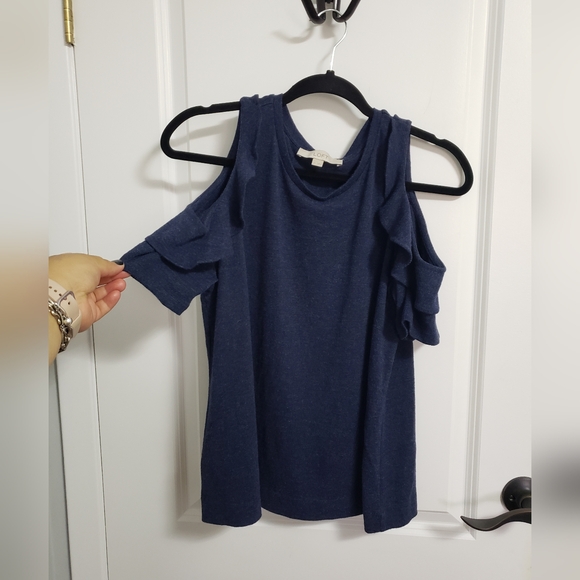 LOFT Navy Cold Shoulder Blouse Top - Picture 2 of 6